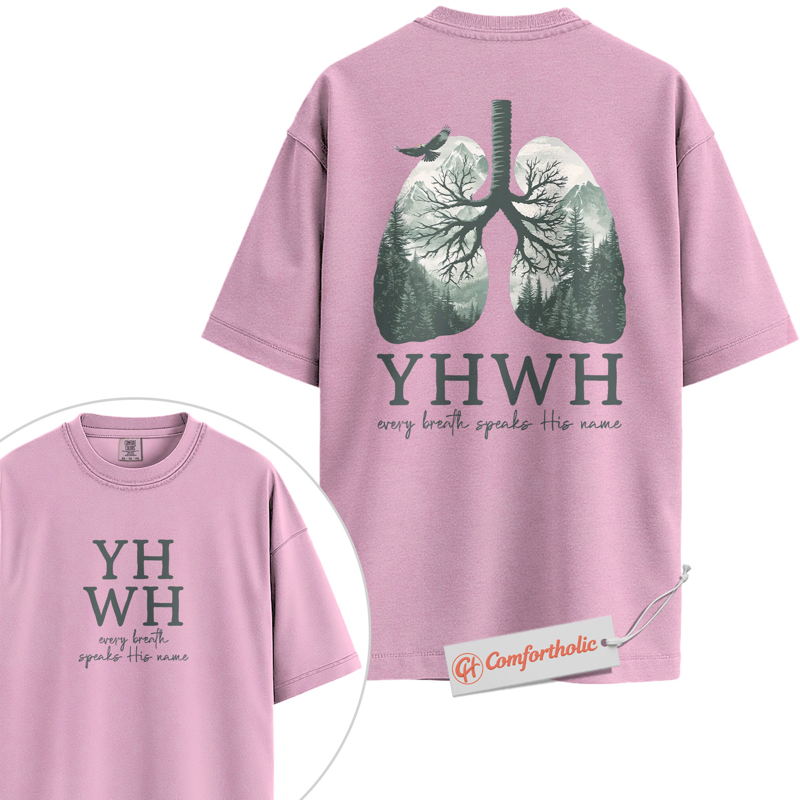 YHWH Shirt, Every Breath Speaks His Name Shirt, Christian Shirt, Lung Tree Graphic Tee, Nature Faith Bible Verse T-Shirt, Religious Comfort Colors Shirt 2-Sided - Image 8