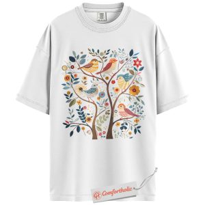 Alternative view of Folk Art Bird Shirt, Colorful Tree of Life Graphic Shirt, Cottagecore Nature Shirt, Boho Botanical Wildlife Shirt, Bird Lover Comfort Colors Shirt