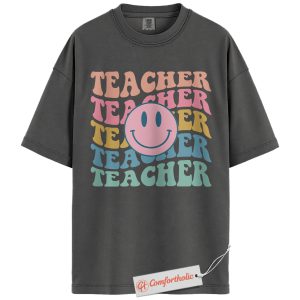 Retro Teacher Shirt, Colorful Smiley Face Shirt, Groovy Back to School Shirt, Happy Educator Comfort Colors Shirt