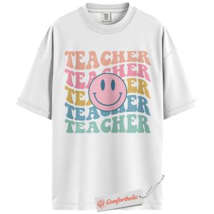 Alternative view of Retro Teacher Shirt, Colorful Smiley Face Shirt, Groovy Back to School Shirt, Happy Educator Comfort Colors Shirt