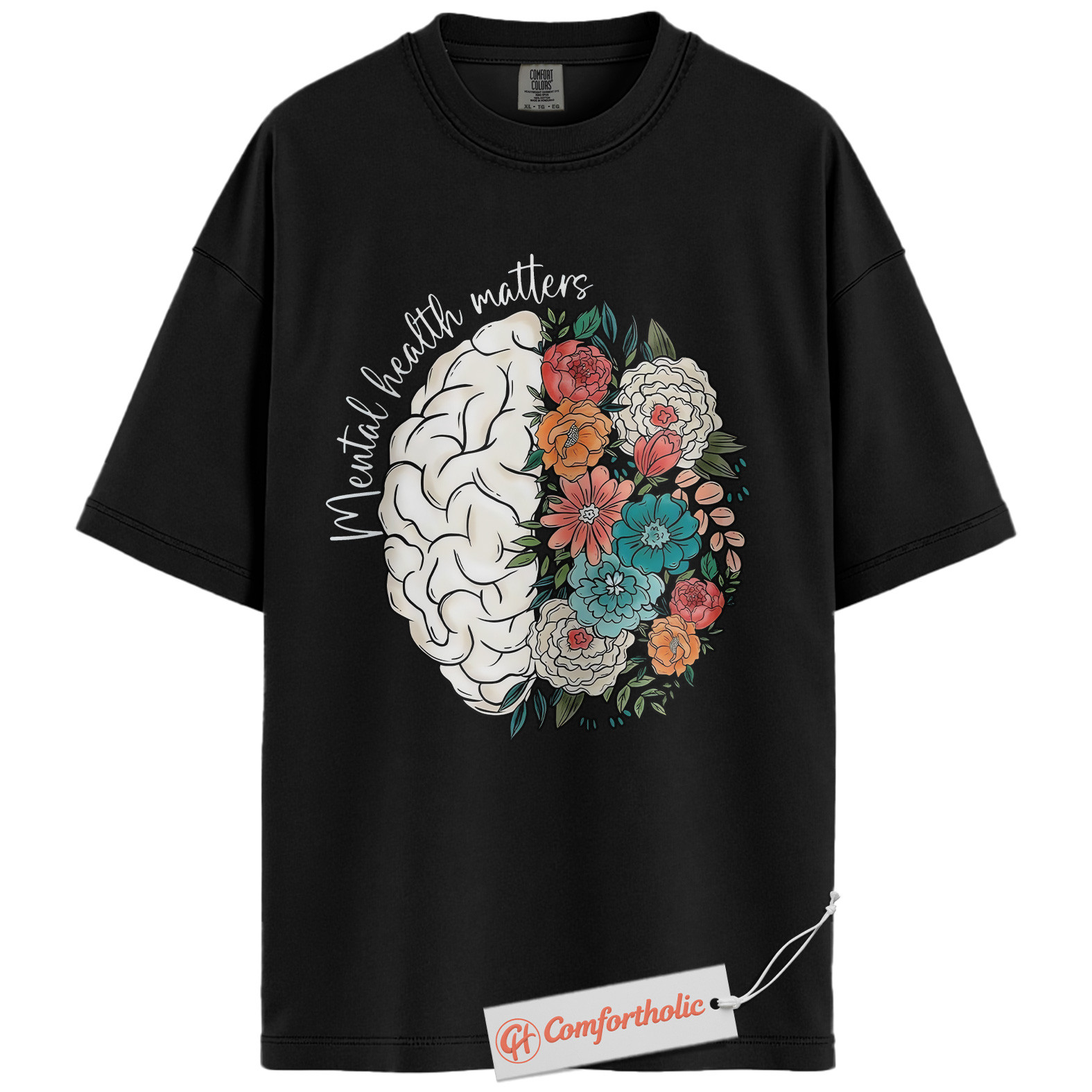Mental Health Matters Shirt, Floral Brain Awareness Tee, Psychology Positive Message T-Shirt, Therapist Comfort Colors Shirt - Image 3