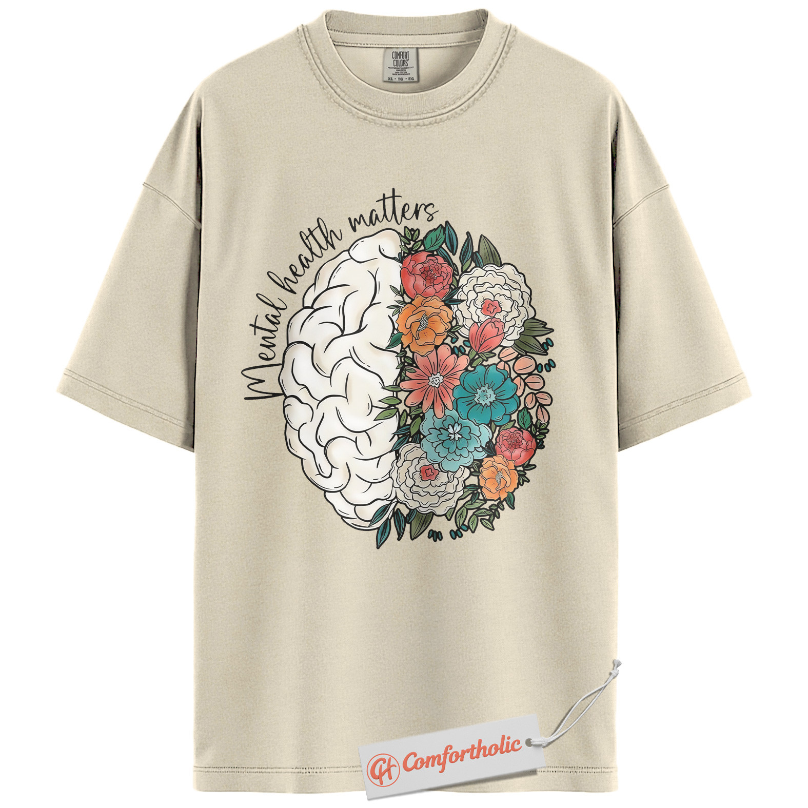 Mental Health Matters Shirt, Floral Brain Awareness Tee, Psychology Positive Message T-Shirt, Therapist Comfort Colors Shirt - Image 5