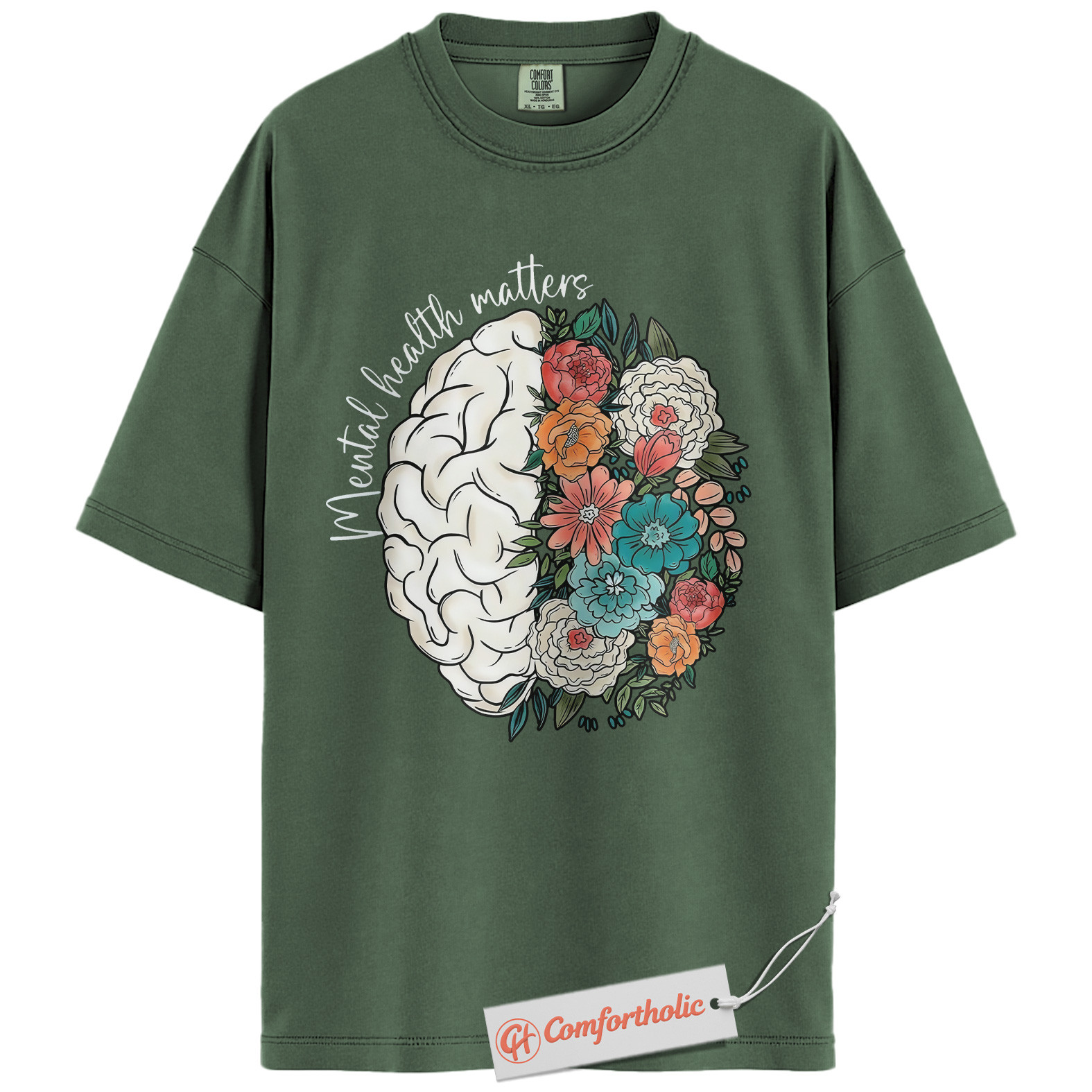 Mental Health Matters Shirt, Floral Brain Awareness Tee, Psychology Positive Message T-Shirt, Therapist Comfort Colors Shirt - Image 6