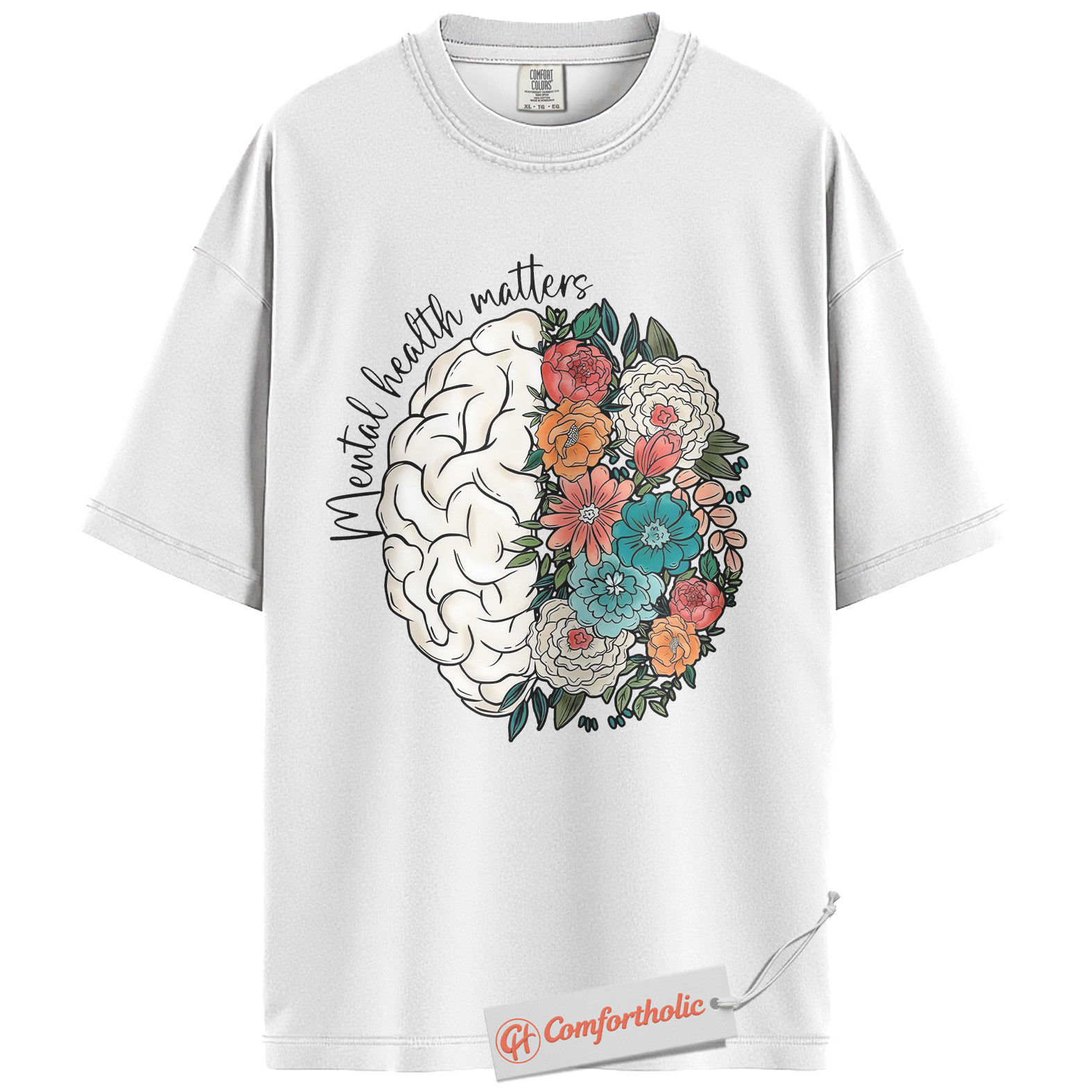 Mental Health Matters Shirt, Floral Brain Awareness Tee, Psychology Positive Message T-Shirt, Therapist Comfort Colors Shirt - Image 2