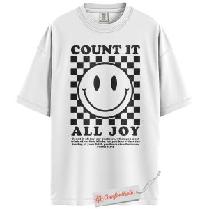 Alternative view of Count It All Joy Shirt, Checkerboard Smiley Shirt, Christian Shirt, Faith Shirt, Vintage Comfort Colors T-Shirt
