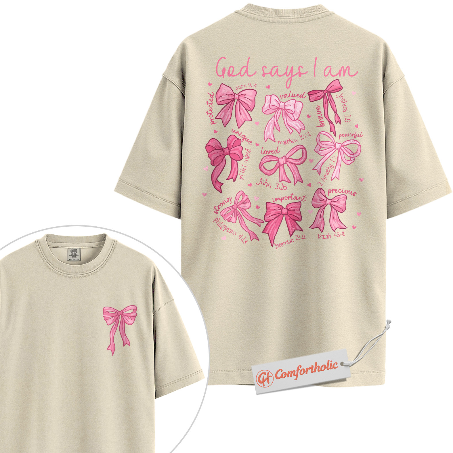 God Says I Am Shirt, Scripture Bow Graphic Shirt, Coquette Christian Shirt, Faith Encouragement Shirt, Comfort Colors T-Shirt 2-Sided - Image 5