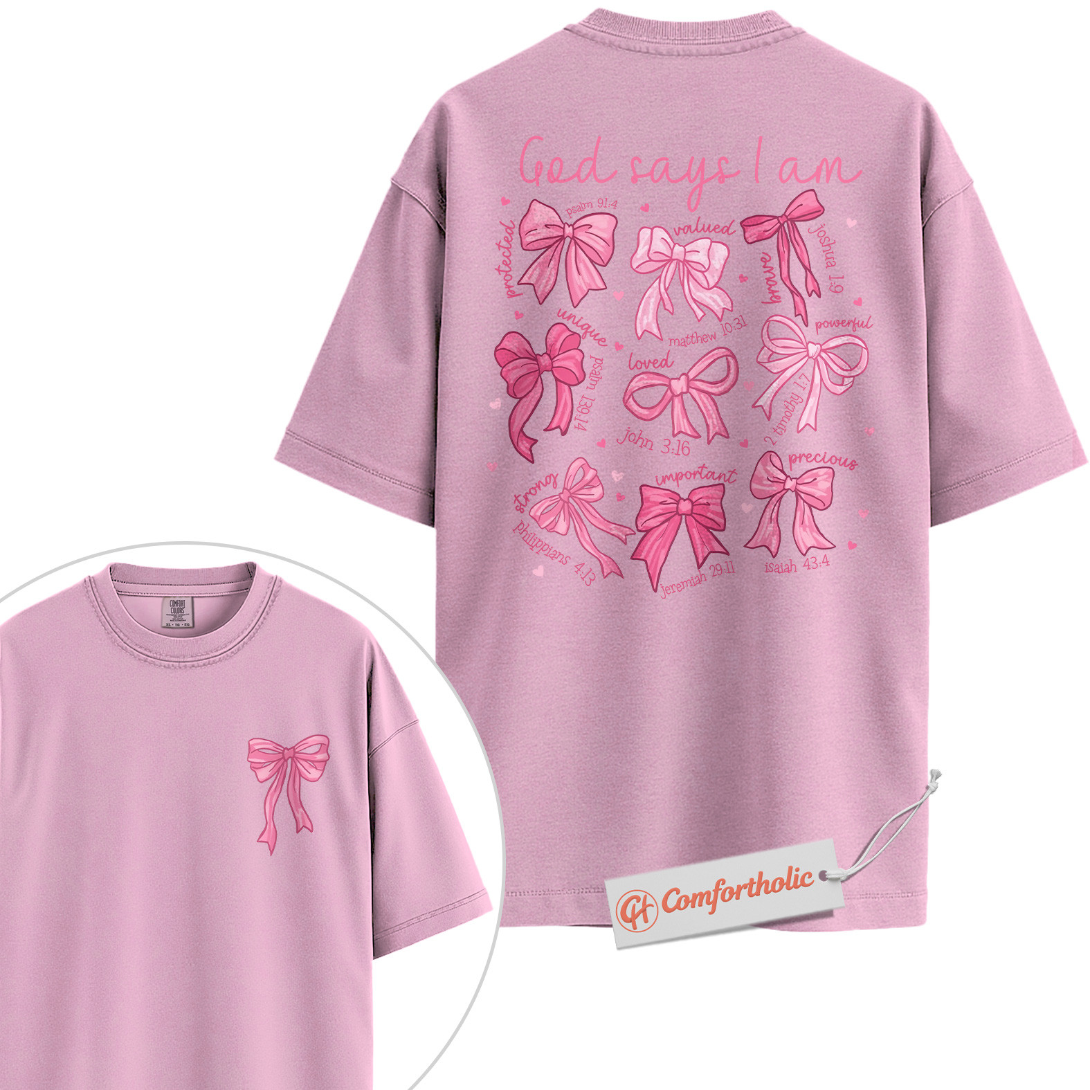 God Says I Am Shirt, Scripture Bow Graphic Shirt, Coquette Christian Shirt, Faith Encouragement Shirt, Comfort Colors T-Shirt 2-Sided - Image 9