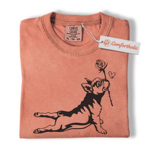 French Bulldog Shirt, Cute Dog Holding Rose Tee, Romantic Puppy T-Shirt, Frenchie Dog Comfort Colors Shirt