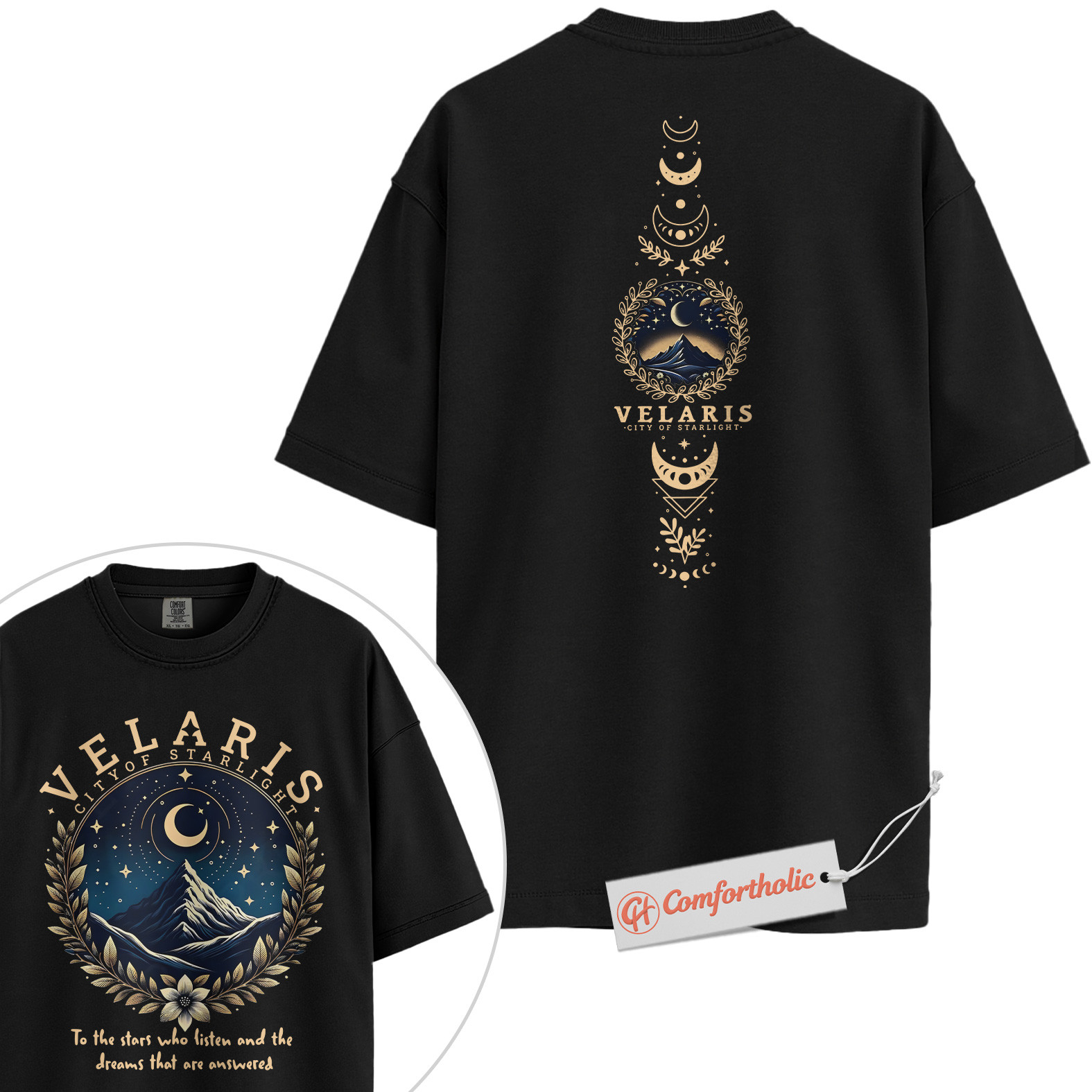Velaris Shirt, City of Starlight Shirt, ACOTAR Shirt, Fantasy Moon & Mountain Graphic Shirt, Book Lover Comfort Colors Shirt 2-Sided - Image 2
