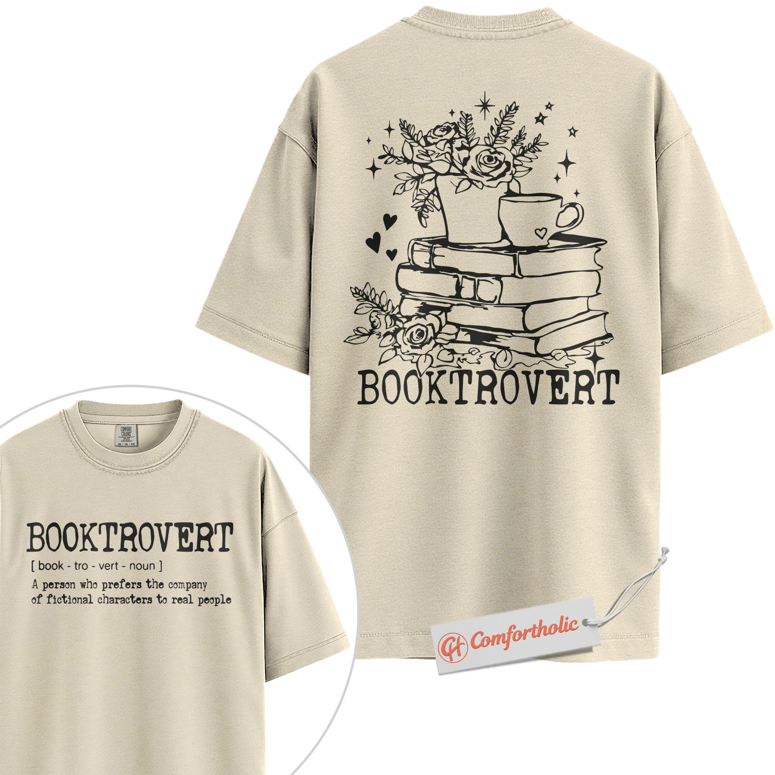 Booktrovert Shirt, Fictional Character Lover Shirt, Floral Book Lover Shirt, Introvert Reader Comfort Colors Shirt 2-Sided - Image 5