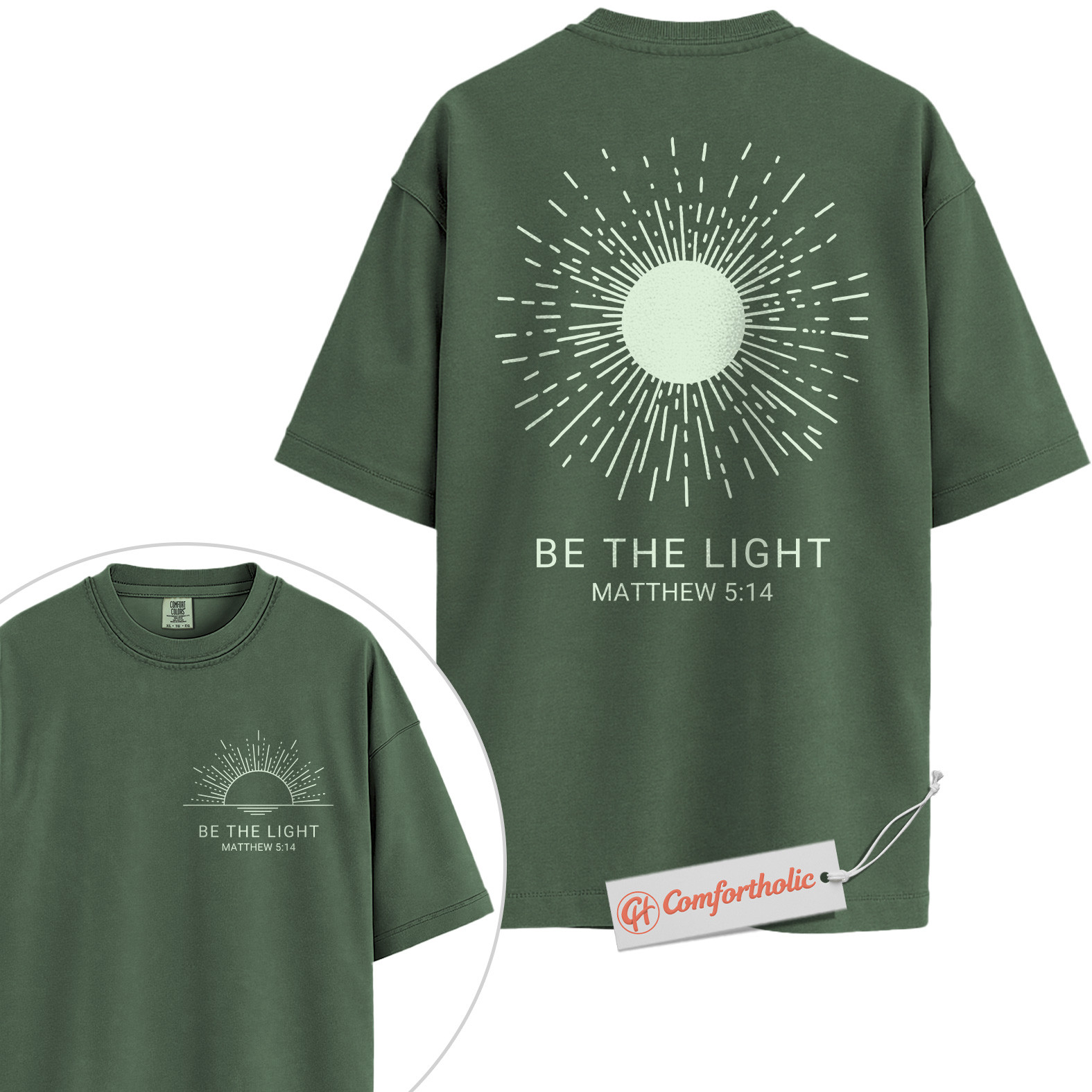 Be the Light Shirt, Matthew 5:14 Bible Verse Shirt, Christian Shirt, Faith-Based Shirt, Inspirational Sunburst Graphic Comfort Colors Tee 2-Sided - Image 5