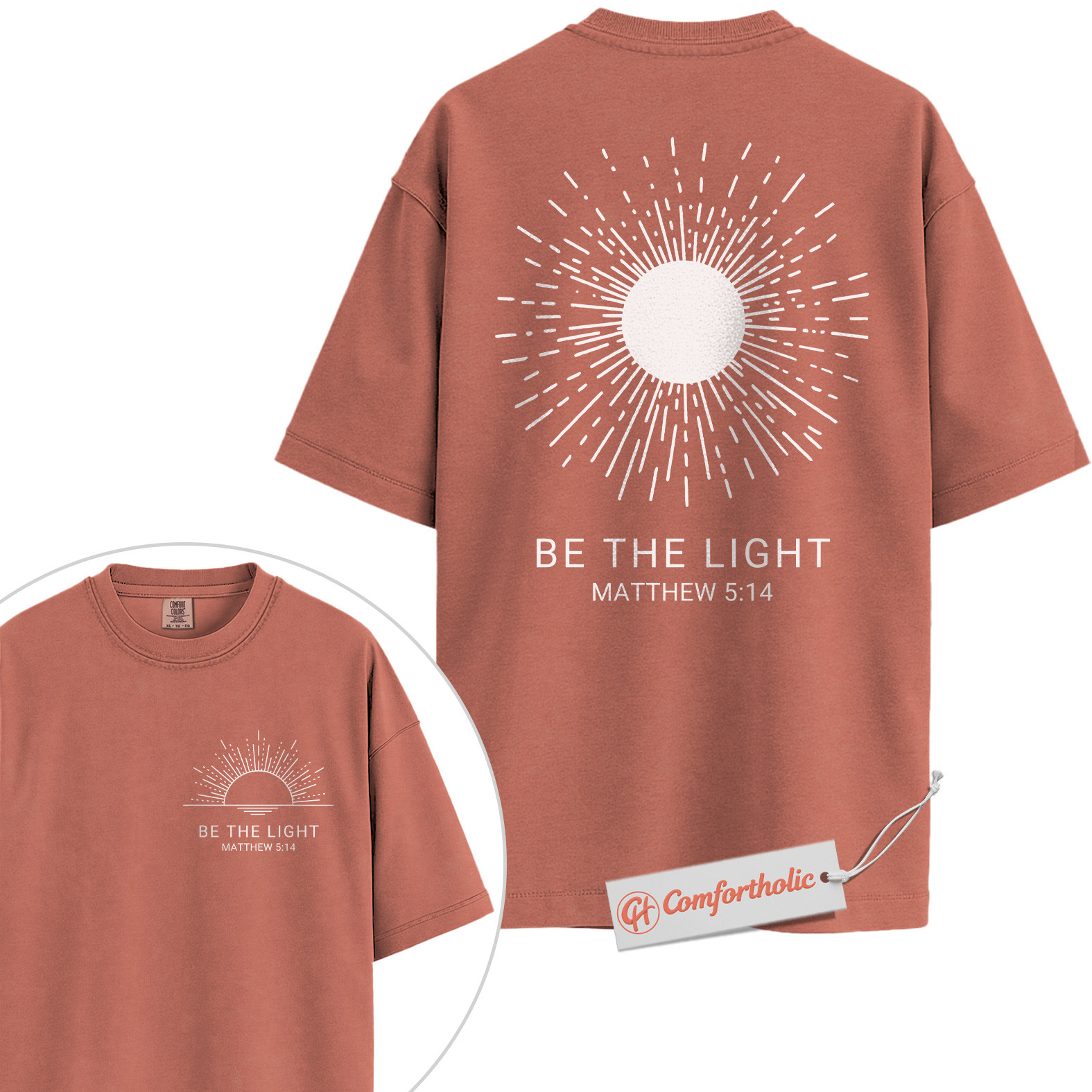 Be the Light Shirt, Matthew 5:14 Bible Verse Shirt, Christian Shirt, Faith-Based Shirt, Inspirational Sunburst Graphic Comfort Colors Tee 2-Sided - Image 7