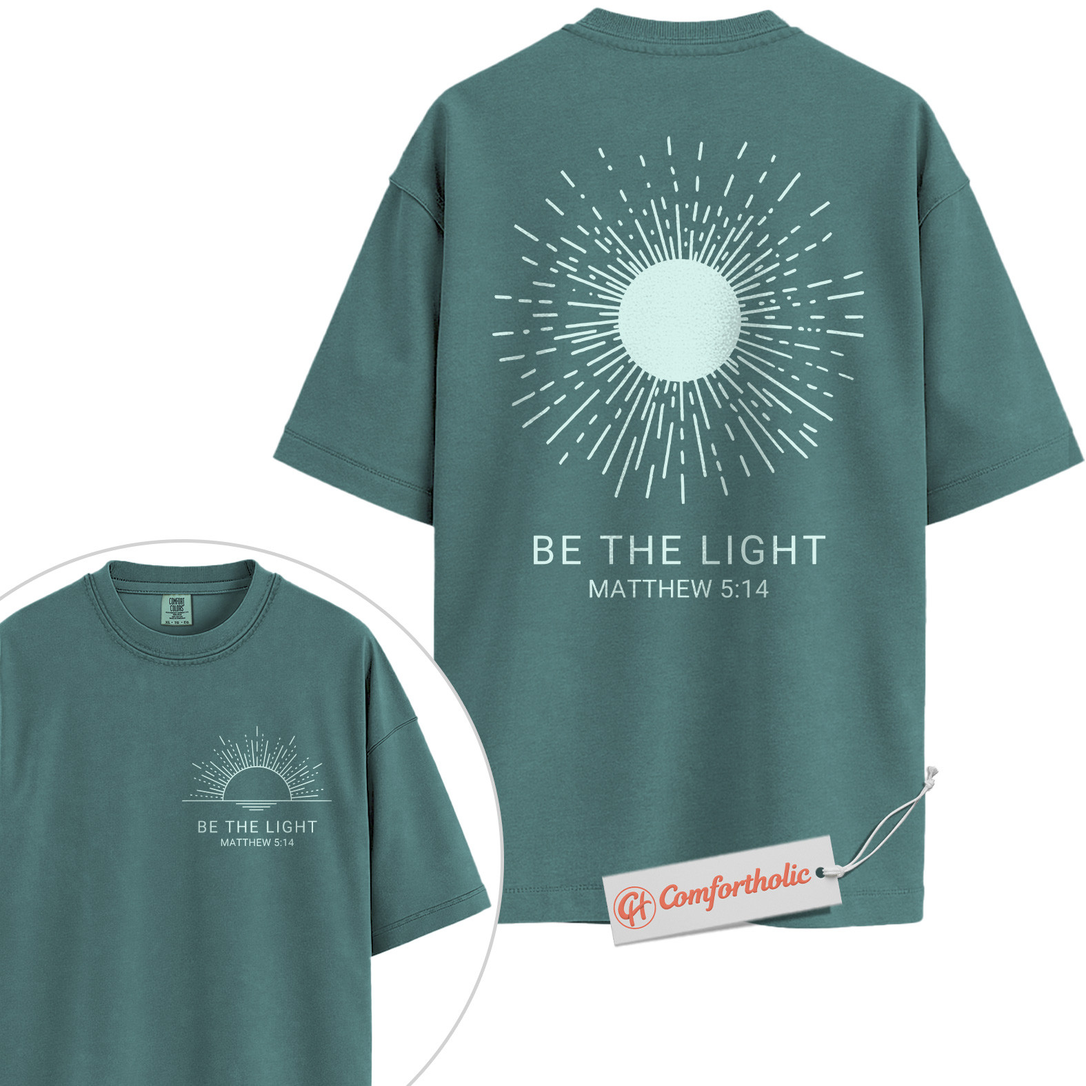 Be the Light Shirt, Matthew 5:14 Bible Verse Shirt, Christian Shirt, Faith-Based Shirt, Inspirational Sunburst Graphic Comfort Colors Tee 2-Sided - Image 11