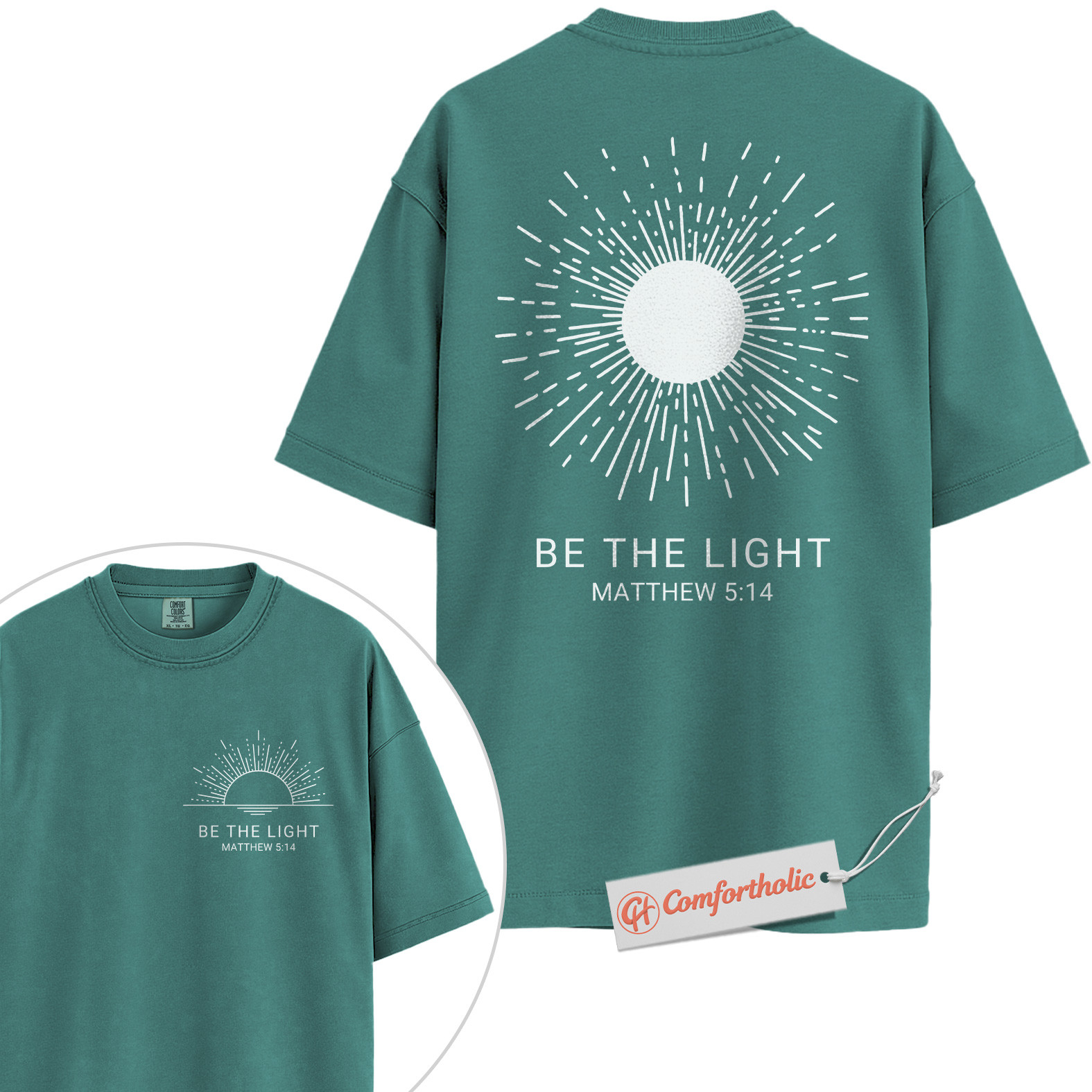 Be the Light Shirt, Matthew 5:14 Bible Verse Shirt, Christian Shirt, Faith-Based Shirt, Inspirational Sunburst Graphic Comfort Colors Tee 2-Sided - Image 13