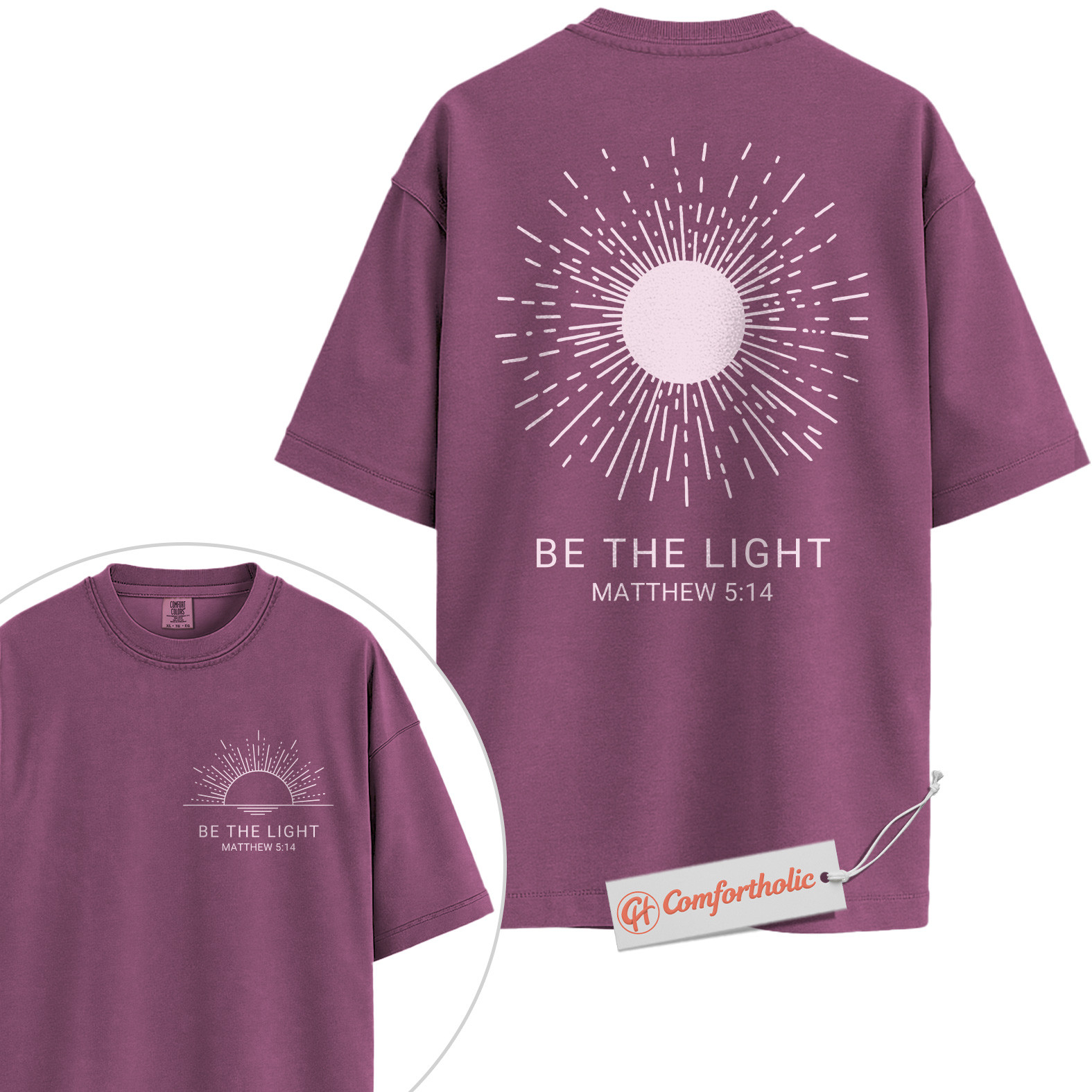 Be the Light Shirt, Matthew 5:14 Bible Verse Shirt, Christian Shirt, Faith-Based Shirt, Inspirational Sunburst Graphic Comfort Colors Tee 2-Sided - Image 15