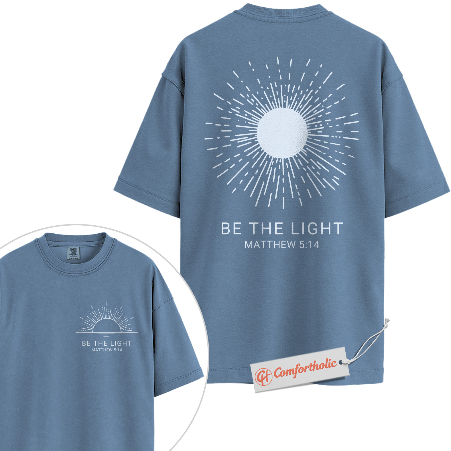 Be the Light Shirt, Matthew 5:14 Bible Verse Shirt, Christian Shirt, Faith-Based Shirt, Inspirational Sunburst Graphic Comfort Colors Tee 2-Sided - Image 17