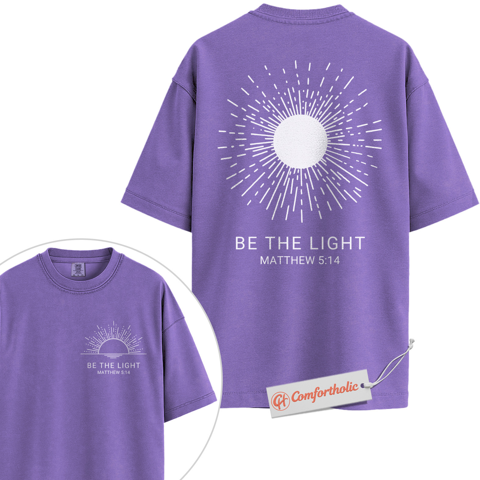 Be the Light Shirt, Matthew 5:14 Bible Verse Shirt, Christian Shirt, Faith-Based Shirt, Inspirational Sunburst Graphic Comfort Colors Tee 2-Sided - Image 20
