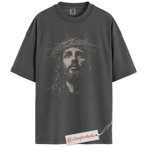 Alternative view of Jesus Crown of Thorns Shirt, Crucifixion Graphic Shirt, Christian Shirt, Savior Portrait Shirt, Faith-Based Shirt, Religious Comfort Colors Tee