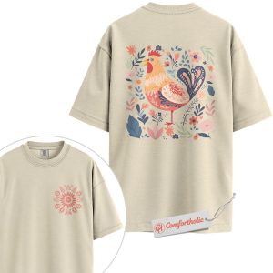 Folk Art Chicken Shirt, Colorful Floral Rooster Shirt, Farmhouse Cottagecore Shirt, Country Aesthetic Comfort Colors Shirt 2-Sided