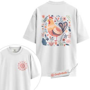 Alternative view of Folk Art Chicken Shirt, Colorful Floral Rooster Shirt, Farmhouse Cottagecore Shirt, Country Aesthetic Comfort Colors Shirt 2-Sided