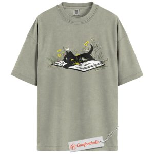 Black Cat Reading Shirt, Cute Book Lover Shirt, Floral Cat Comfort Colors Shirt