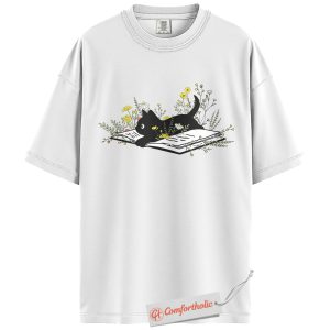 Alternative view of Black Cat Reading Shirt, Cute Book Lover Shirt, Floral Cat Comfort Colors Shirt