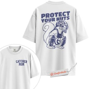 Alternative view of Protect Your Nuts Shirt, Funny Baseball Catcher Mom Shirt, Sports Mom Squirrel Shirt, Cute Softball Shirt, Game Day Comfort Colors Shirt 2-Sided