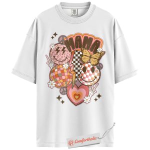 Alternative view of Mama Shirt, Retro Smiley Face Mom Shirt, Mother's Day Shirt, Comfort Colors T-Shirt