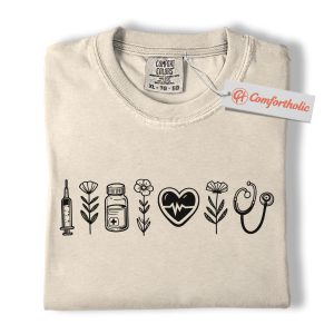 Nurse Shirt, Healthcare Worker Shirt, Medical Floral Icon Shirt, Heartbeat Stethoscope Comfort Colors Shirt