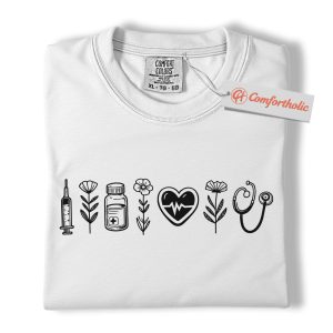 Alternative view of Nurse Shirt, Healthcare Worker Shirt, Medical Floral Icon Shirt, Heartbeat Stethoscope Comfort Colors Shirt