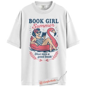 Alternative view of Book Girl Summer Shirt, Funny Reading Flamingo Shirt, Retro Book Lover Shirt, Cute Beach Girl Shirt, Comfort Colors Shirt