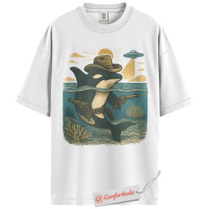 Alternative view of Cowboy Orca Shirt, Funny Killer Whale T-Shirt, Western Space Ocean Graphic Tee, Unique Sea Animal Gift, Marine Life Lovers Comfort Colors Shirt