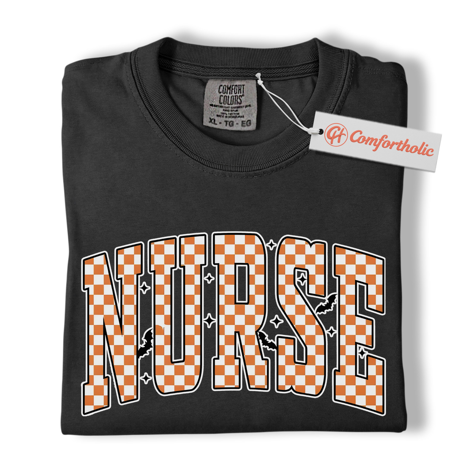 Halloween Nurse Shirt, Cute Checkered Letter RN T-Shirt, Fall Spooky Season Graphic Tee, Healthcare Workers Comfort Colors Shirt - Image 3