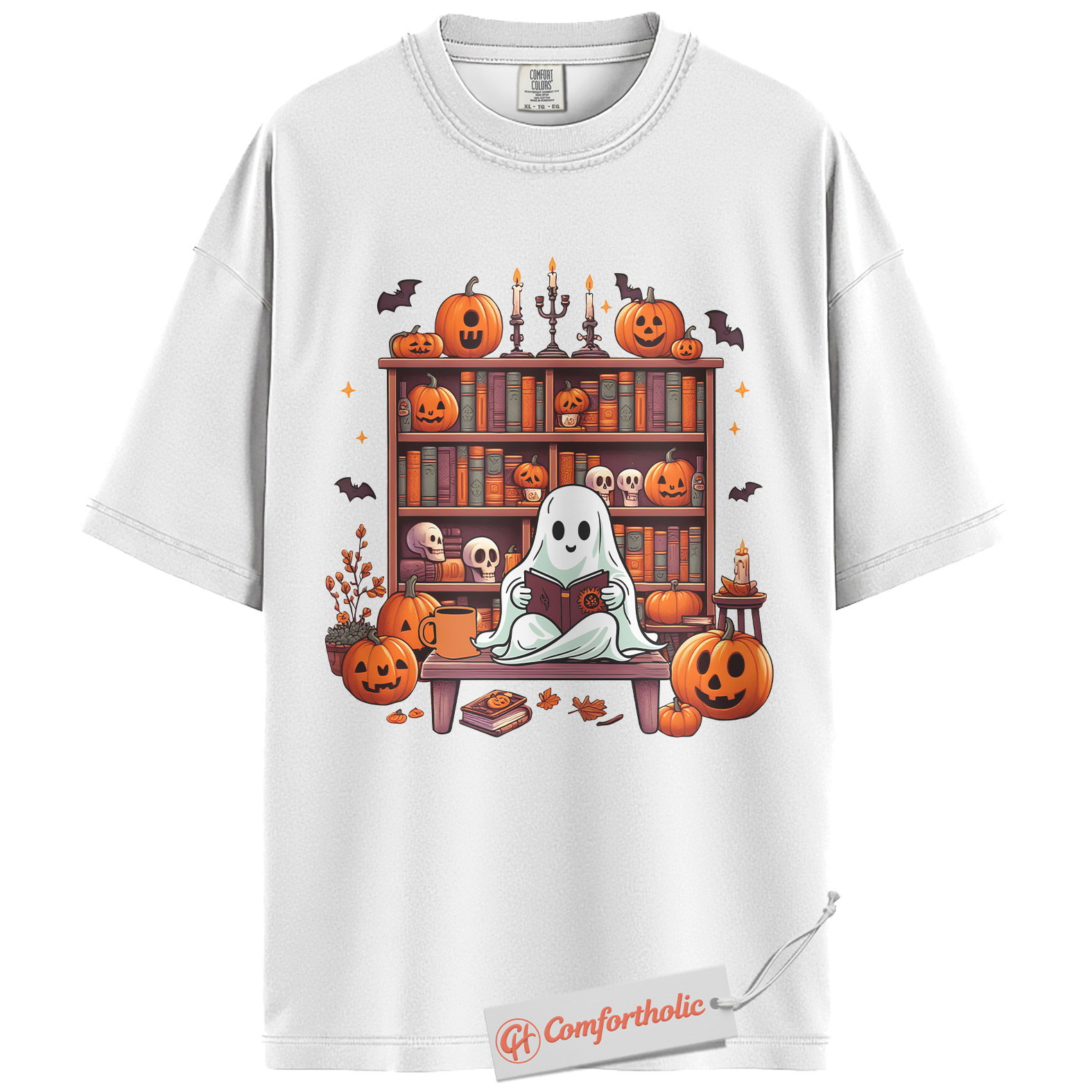 Ghost Reading Shirt, Book Lover T-Shirt, Spooky Library Graphic Tee, Cute Fall Reader Aesthetic Outfit, Halloween Comfort Colors Shirt - Image 2