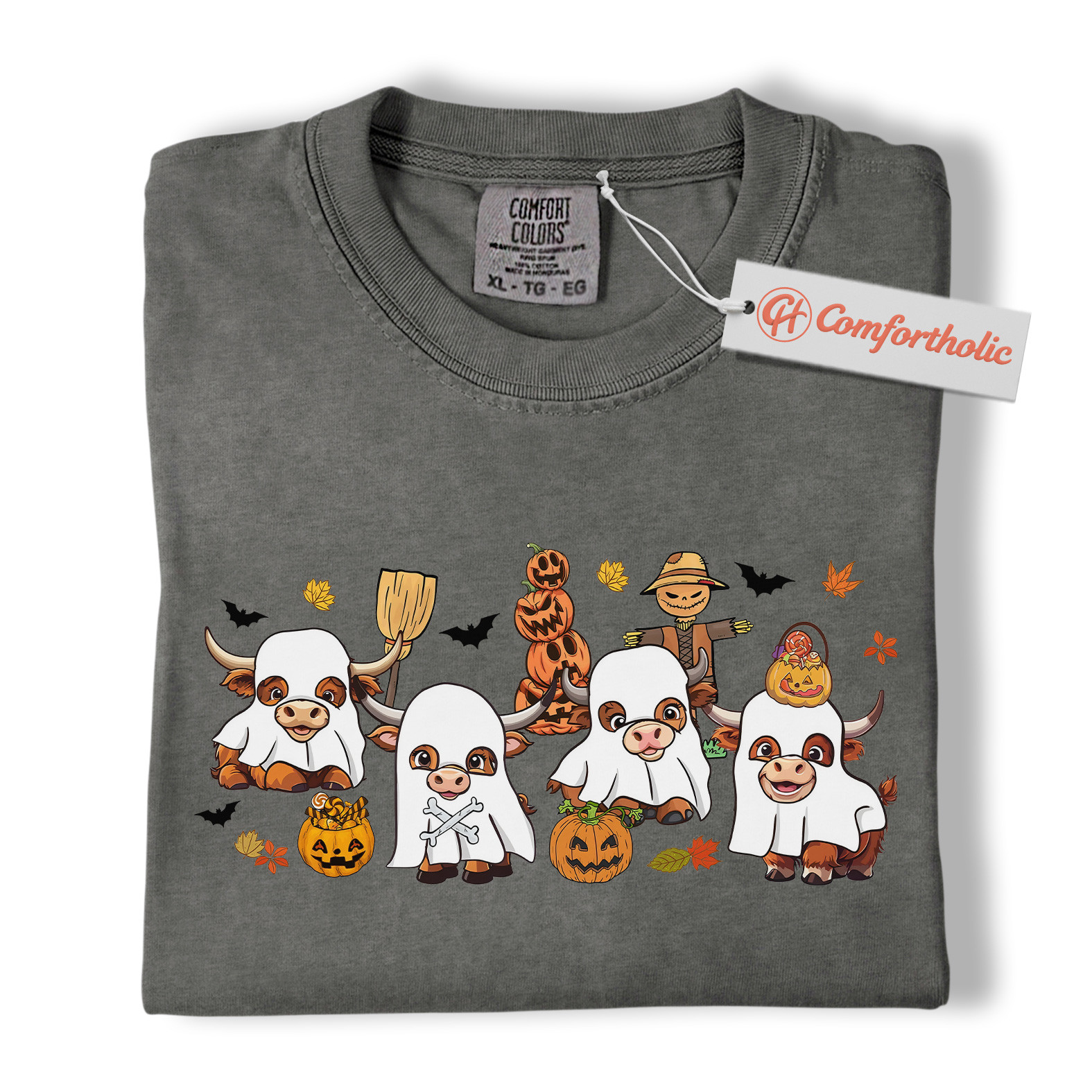 Ghost Cow Shirt, Funny Halloween Highland Cattle T-Shirt, Cute Farm Animal Costume Tee, Fall Pumpkin Patch Comfort Colors Shirt - Image 4