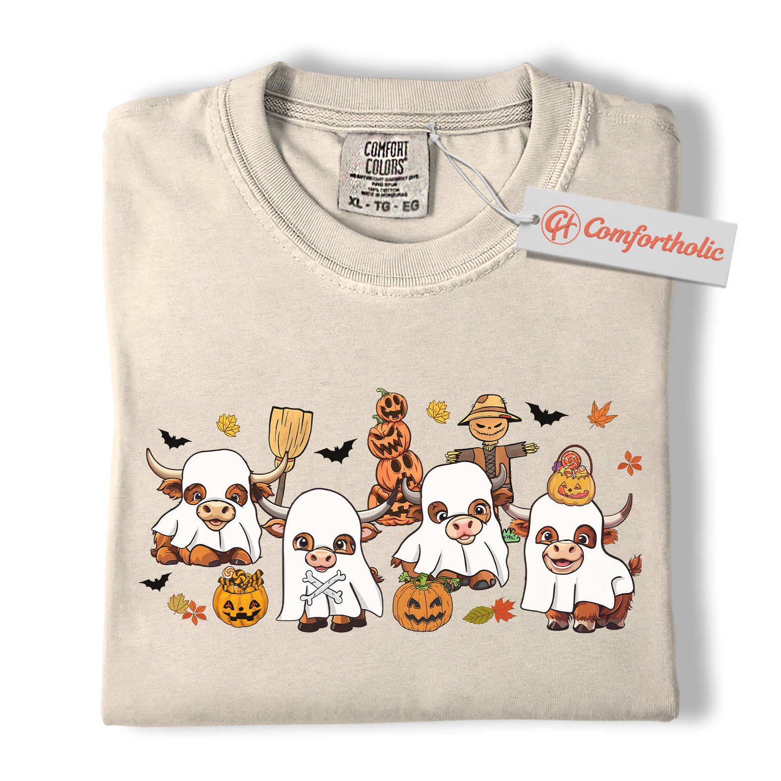Ghost Cow Shirt, Funny Halloween Highland Cattle T-Shirt, Cute Farm Animal Costume Tee, Fall Pumpkin Patch Comfort Colors Shirt - Image 5