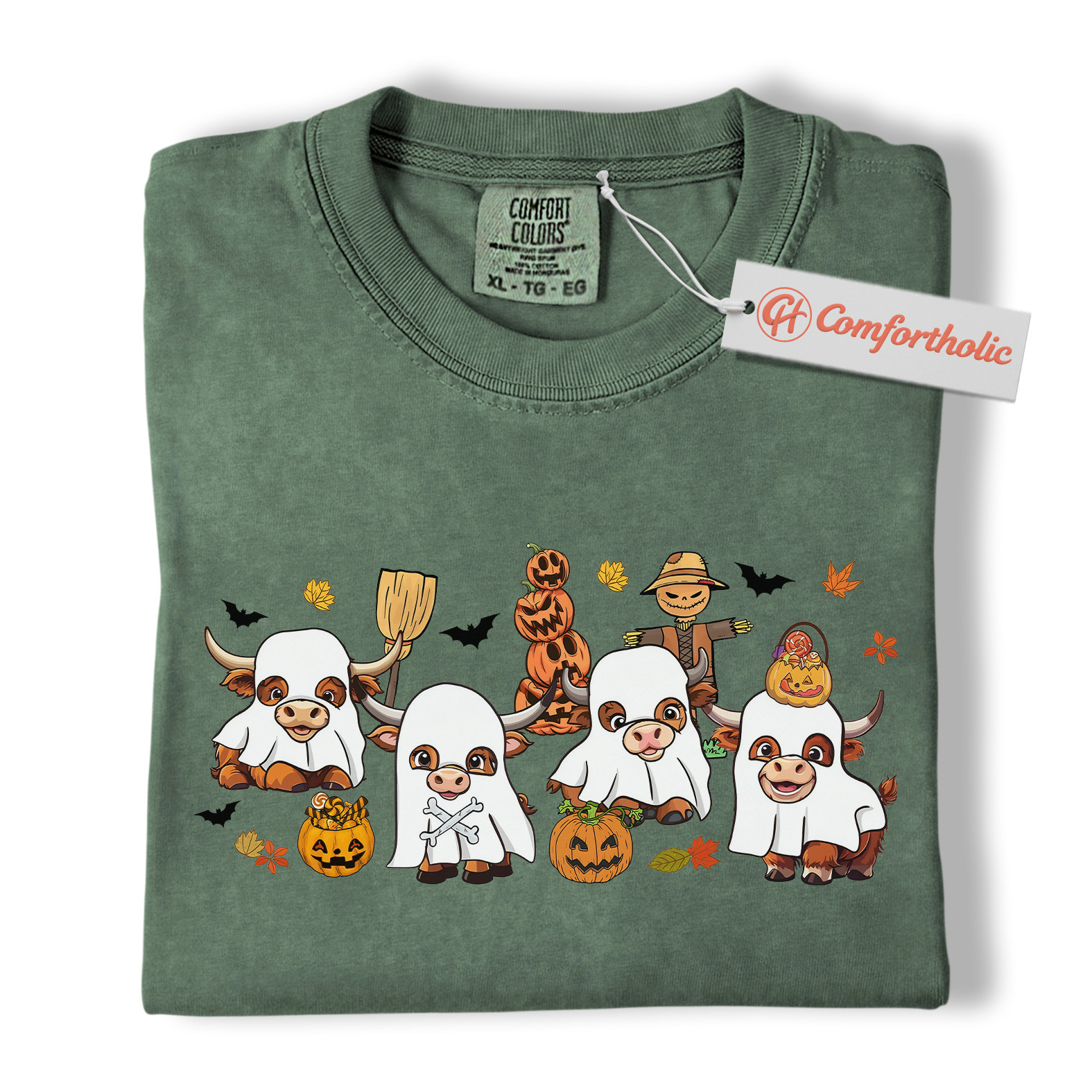 Ghost Cow Shirt, Funny Halloween Highland Cattle T-Shirt, Cute Farm Animal Costume Tee, Fall Pumpkin Patch Comfort Colors Shirt - Image 6