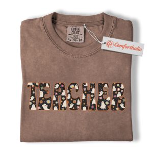 Halloween Teacher Shirt, Cute Ghost Floral T-Shirt, Spooky Fall Classroom Graphic Tee, Fun October Gift for Educators, Teacher Comfort Colors Shirt