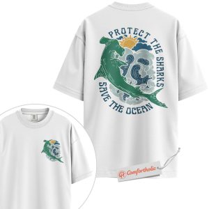 Alternative view of Protect the Sharks Shirt, Save the Ocean T-Shirt, Environmental Sea Life Graphic Tee, Marine Conservation Awareness Gift, Shark Lovers Comfort Colors Shirt 2-Sided