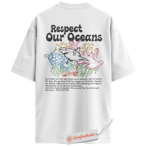 Alternative view of Respect Our Oceans Shirt, Shark and Turtle Marine Conservation T-Shirt, Save the Ocean Graphic Tee, Eco-Friendly Sea Life Gift, Awareness Comfort Colors Back Print Shirt
