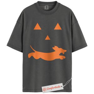 Alternative view of Halloween Dachshund Shirt, Funny Pumpkin Face Dog T-Shirt, Spooky Fall Graphic Tee, Cute Wiener Dog Costume Comfort Colors Shirt