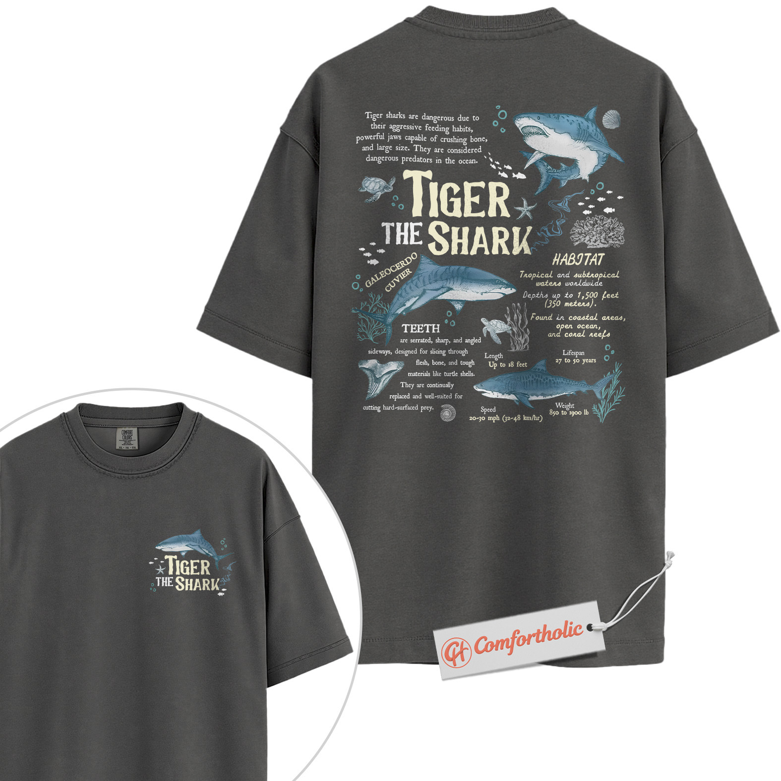 Tiger Shark Shirt, Educational Ocean Animal T-Shirt, Marine Biology Graphic Tee, Gift for Shark Lovers, Sea Life Diagram Comfort Colors Shirt 2-Sided - Image 4