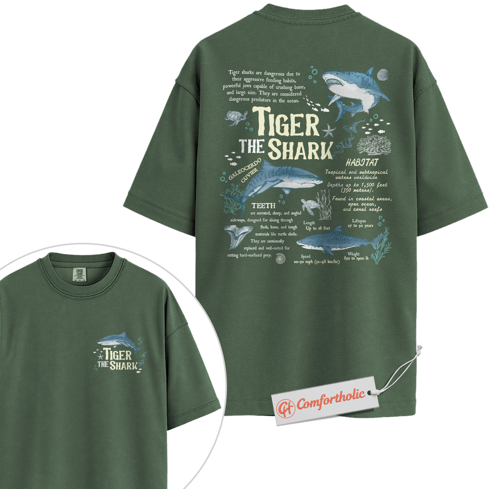 Tiger Shark Shirt, Educational Ocean Animal T-Shirt, Marine Biology Graphic Tee, Gift for Shark Lovers, Sea Life Diagram Comfort Colors Shirt 2-Sided - Image 6