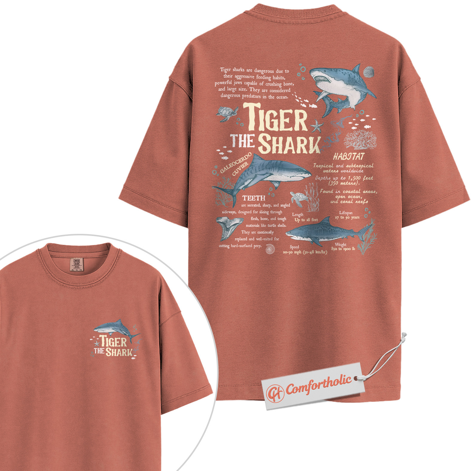 Tiger Shark Shirt, Educational Ocean Animal T-Shirt, Marine Biology Graphic Tee, Gift for Shark Lovers, Sea Life Diagram Comfort Colors Shirt 2-Sided - Image 8