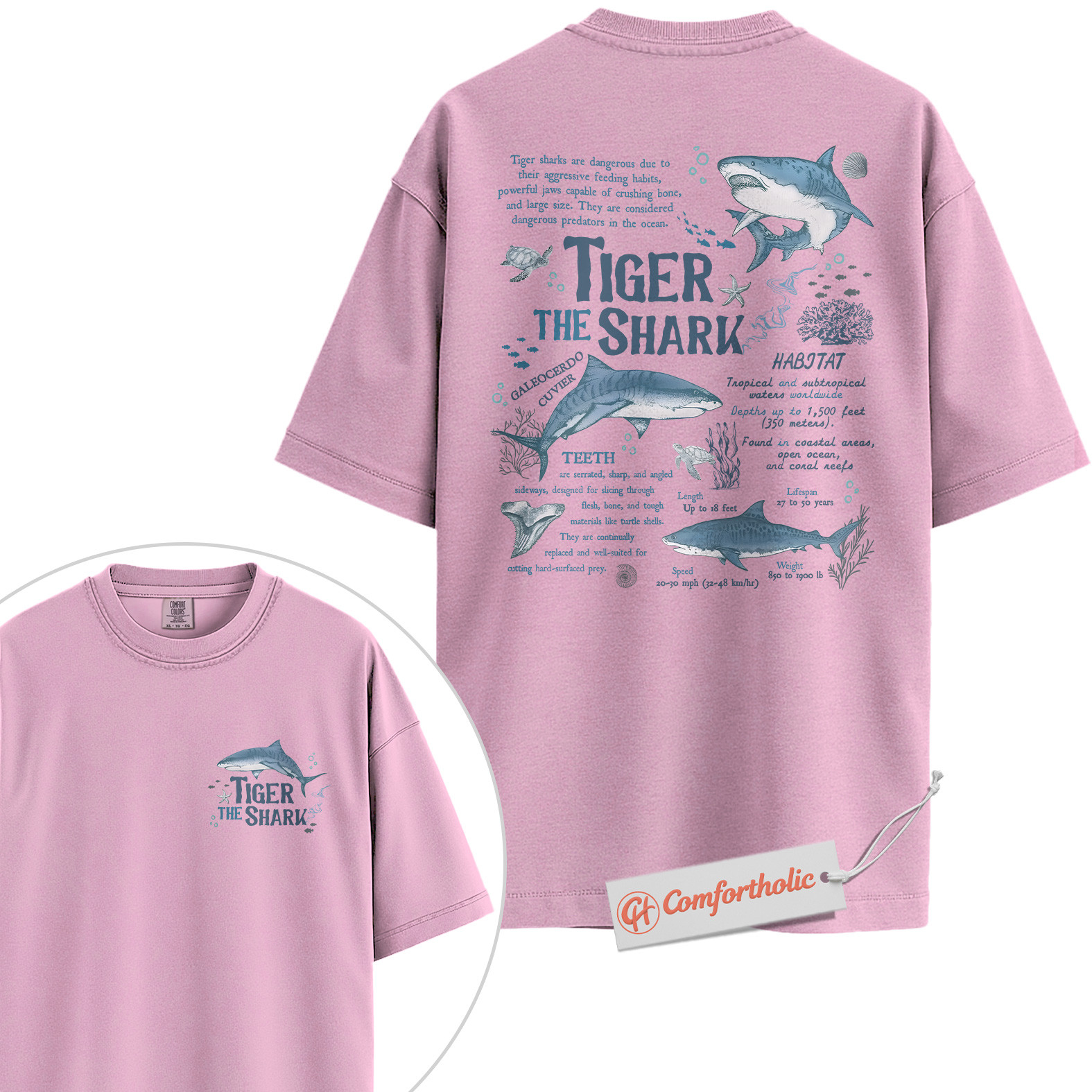 Tiger Shark Shirt, Educational Ocean Animal T-Shirt, Marine Biology Graphic Tee, Gift for Shark Lovers, Sea Life Diagram Comfort Colors Shirt 2-Sided - Image 9