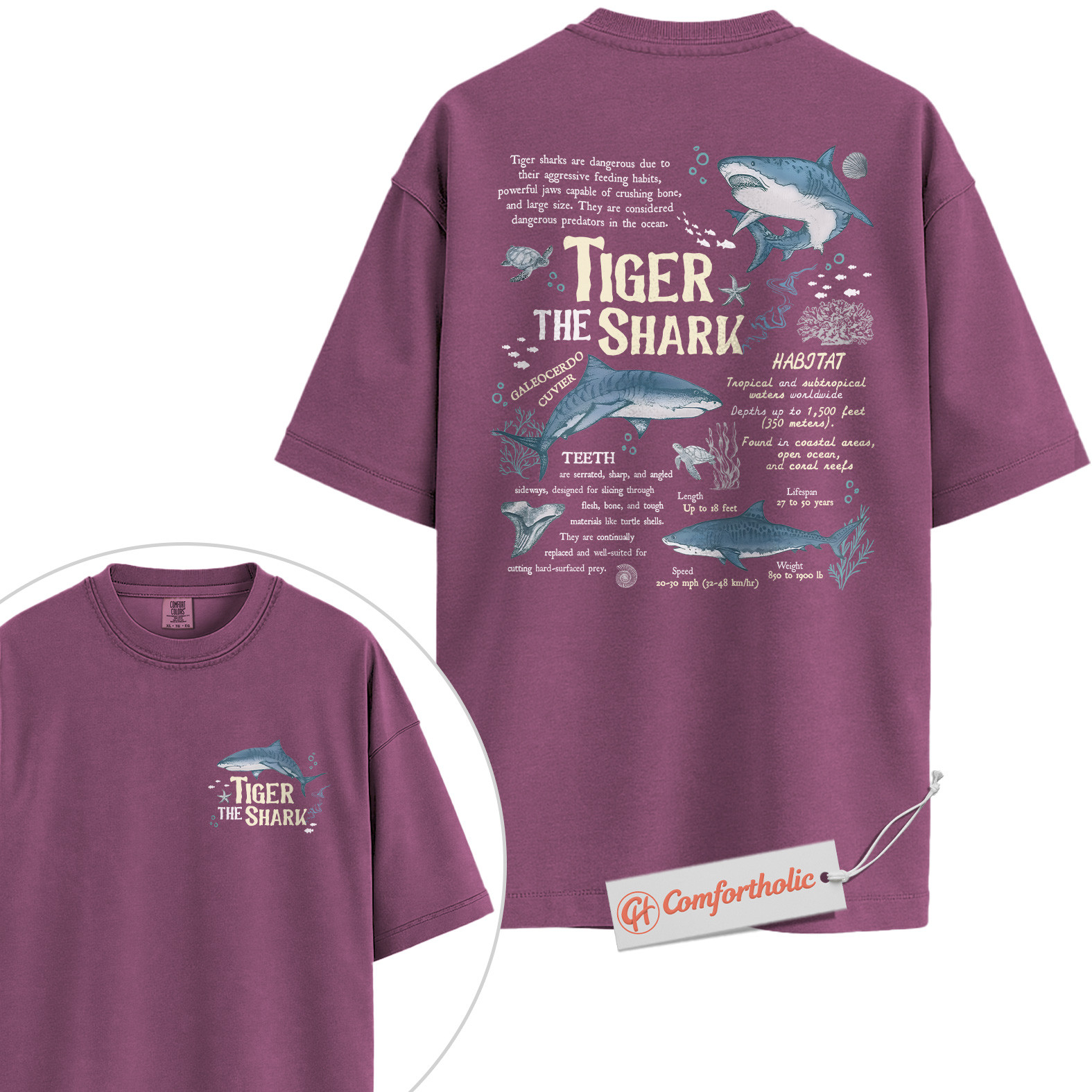 Tiger Shark Shirt, Educational Ocean Animal T-Shirt, Marine Biology Graphic Tee, Gift for Shark Lovers, Sea Life Diagram Comfort Colors Shirt 2-Sided - Image 15