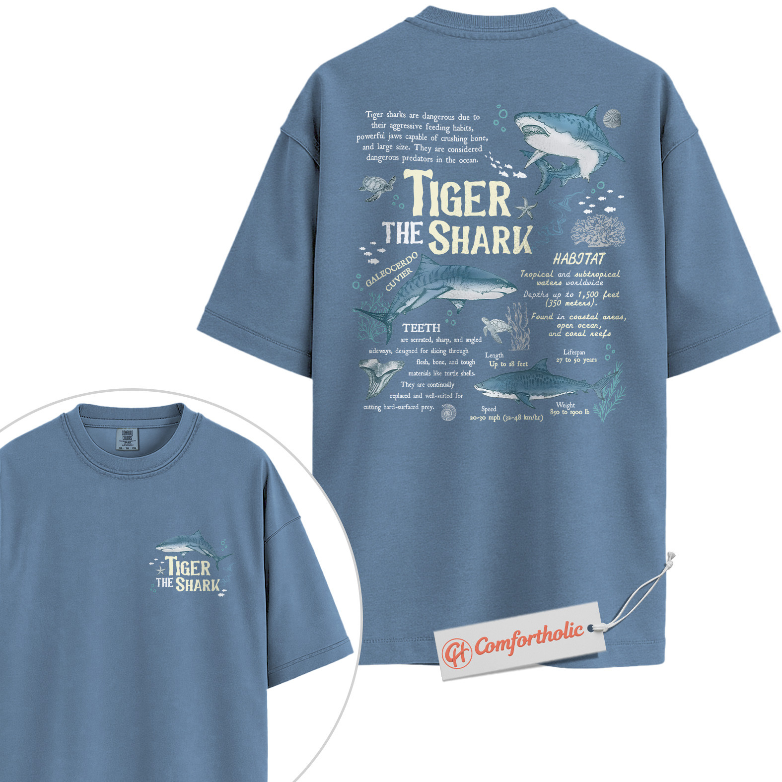 Tiger Shark Shirt, Educational Ocean Animal T-Shirt, Marine Biology Graphic Tee, Gift for Shark Lovers, Sea Life Diagram Comfort Colors Shirt 2-Sided - Image 17