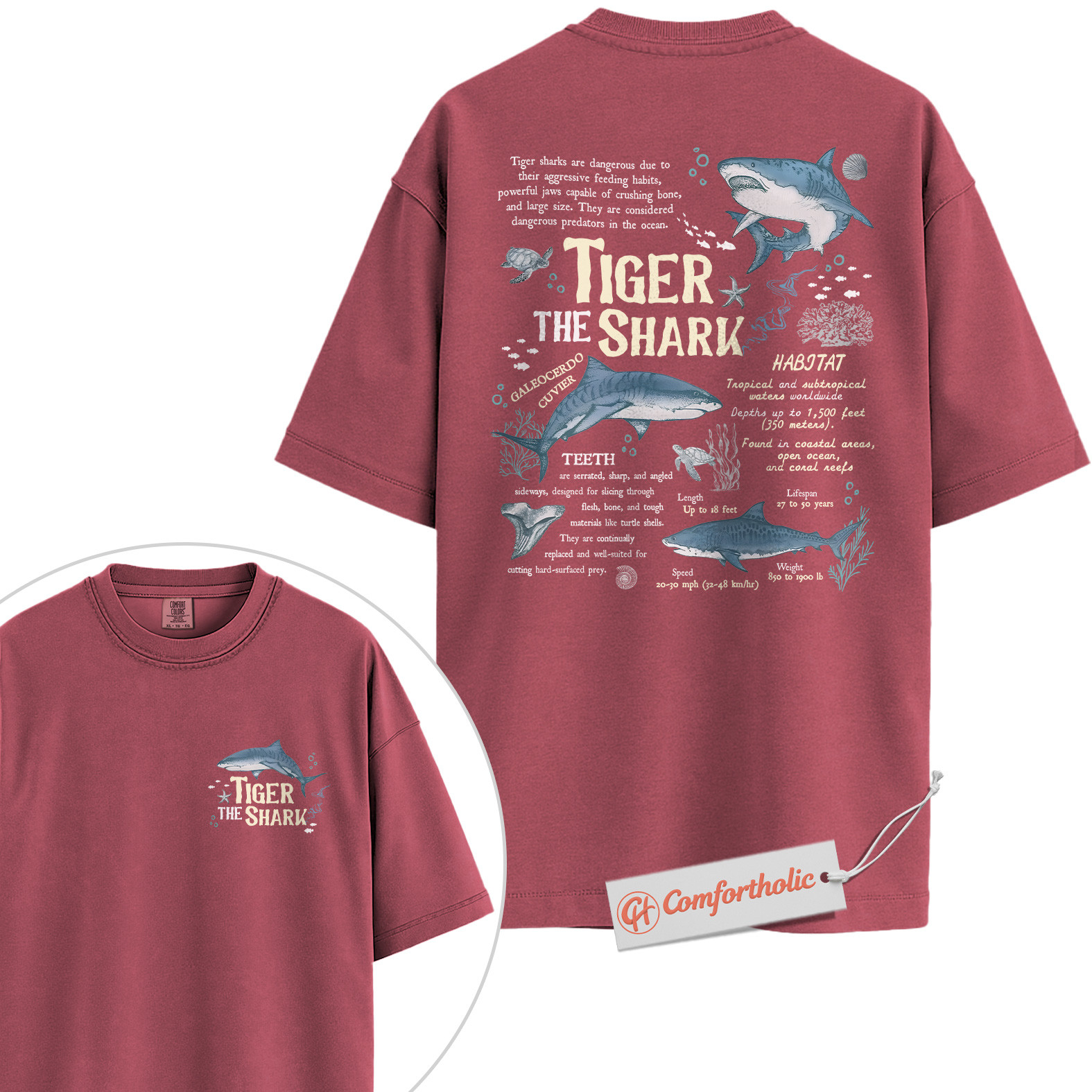 Tiger Shark Shirt, Educational Ocean Animal T-Shirt, Marine Biology Graphic Tee, Gift for Shark Lovers, Sea Life Diagram Comfort Colors Shirt 2-Sided - Image 18