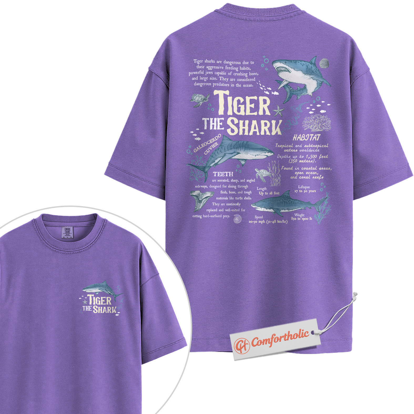 Tiger Shark Shirt, Educational Ocean Animal T-Shirt, Marine Biology Graphic Tee, Gift for Shark Lovers, Sea Life Diagram Comfort Colors Shirt 2-Sided - Image 20
