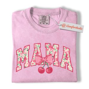 Floral Mama Shirt, Pink Cherry Bow Mom Shirt, Cute Mother's Day Shirt, Gift for Trendy Moms, Comfort Colors Shirt